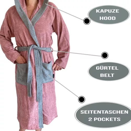 Halat de baie din tesatura Homelevel, XL, Roz / Gri, Bumbac organic, 54856.33.4