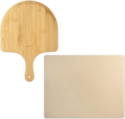 Set Piatra pizza 30 x 38 cm si lopata pizza din bambus, Bej, Navaris, 48593.01