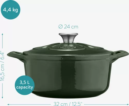 Oala antiaderenta din fonta Navaris pentru plite/cuptoare - 24 cm - 3,5 l - Verde inchis, 48777.01.80
