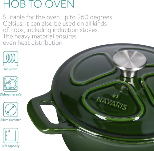 Oala antiaderenta din fonta Navaris pentru plite/cuptoare - 24 cm - 3,5 l - Verde inchis, 48777.01.80