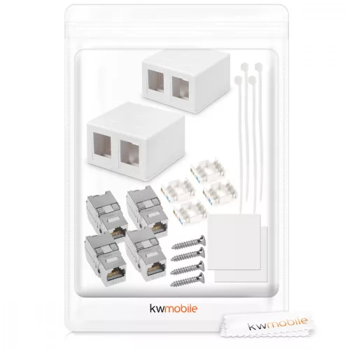 Set 2 Prize ecranate duble de retea RJ45 cu 2 mufe CAT 6A, Kwmobile, Alb, Plastic, 50454.02.02