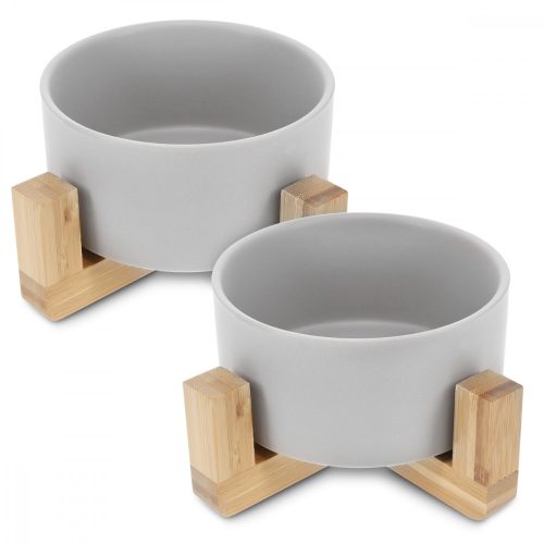 Set 2 Boluri pentru pisici si caini cu suport din bambus Navaris, 550 ml, Gri, 48350.1.22