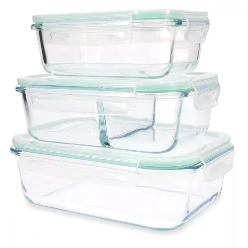 Set de 3 caserole de depozitare a alimentelor din sticla, 1500ml, 1000ml, 600ml, 47684.03.01