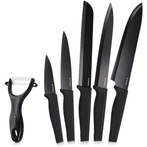 Set 5 cutite de bucatarie Navaris din otel inxoidabil, 1 cutit de curatat din ceramica, Negru, 48366.06.02