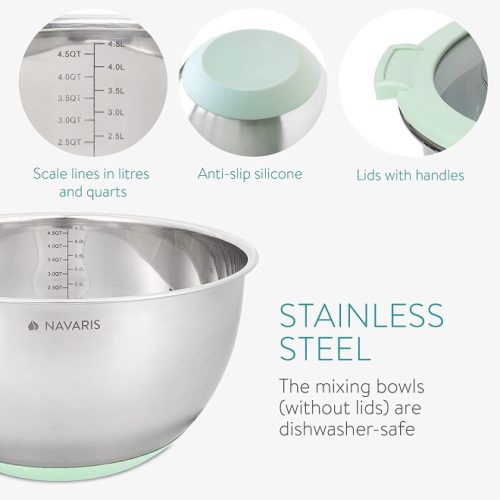 Set 2 boluri metalice multifunctionale cu capac Navaris, 20 cm si 24 cm, 3 razatori, Antiderapant, Inox, Argintiu/Verde, 49210.02.71