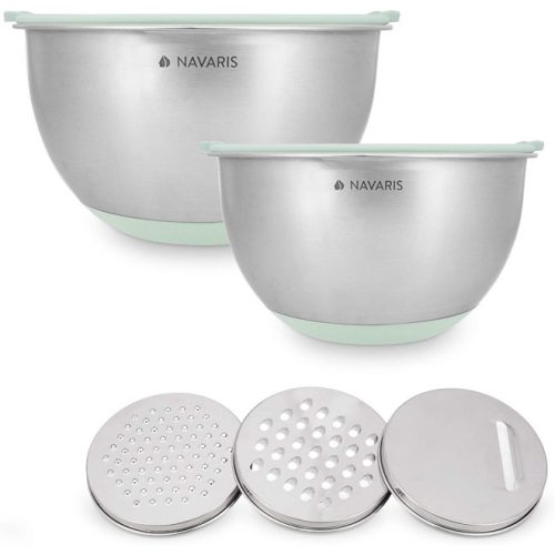 Set 2 boluri metalice multifunctionale cu capac Navaris, 20 cm si 24 cm, 3 razatori, Antiderapant, Inox, Argintiu/Verde, 49210.02.71