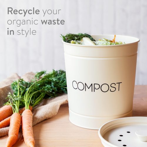 Cos de compost metalic Navaris, 3 L, capac cu filtru, 3 filtre incluse, pentru bucatarie, crem, metal
