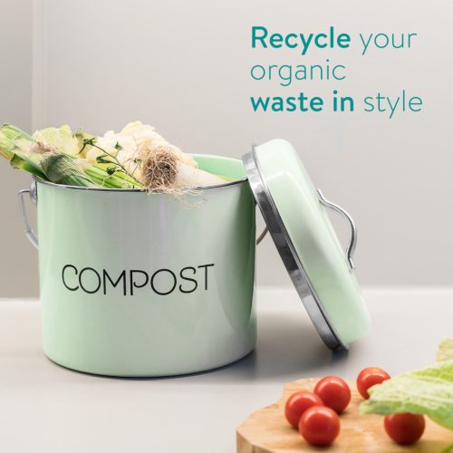 Cos de compost Navaris, 3 L, cu maner si 3 filtre carbon, pentru bucatarie, verde menta, verde, metal