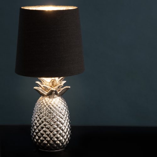 Lampa de masa Navaris, design ananas, 35 cm, abajur opac, E27, negru/argintiu, ceramica/metal