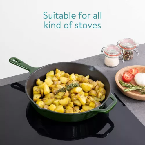 Tigaie adanca rotunda din fonta cu maner Navaris - 30 cm, Verde inchis, 53784.02