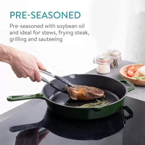 Tigaie adanca rotunda din fonta cu maner Navaris - 30 cm, Verde inchis, 53784.02