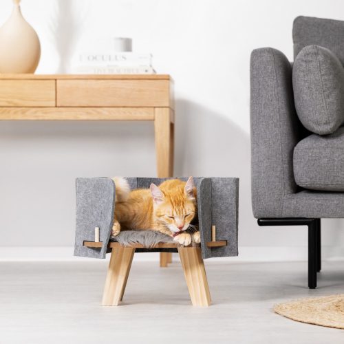 Pat inalt pentru pisici sau caini Navaris si covoras de blana, Gri, 54253.01