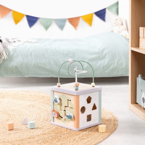 Cub activitati 5 in 1 Navaris din lemn, labirint + sortator + abac, 38x20x20 cm, multicolor, lemn