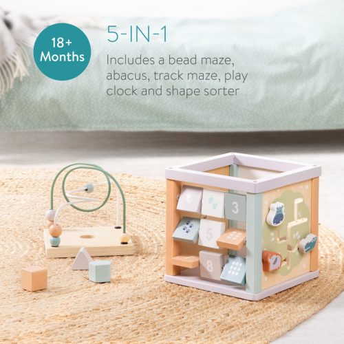 Cub activitati 5 in 1 Navaris din lemn, labirint + sortator + abac, 38x20x20 cm, multicolor, lemn