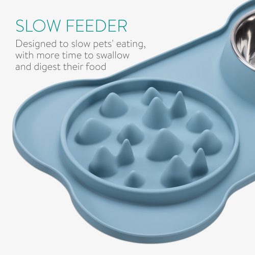 Covoras de hranire lenta si bol de apa incorporat Navaris, 42 x 25 cm, Albastru, 55133.17