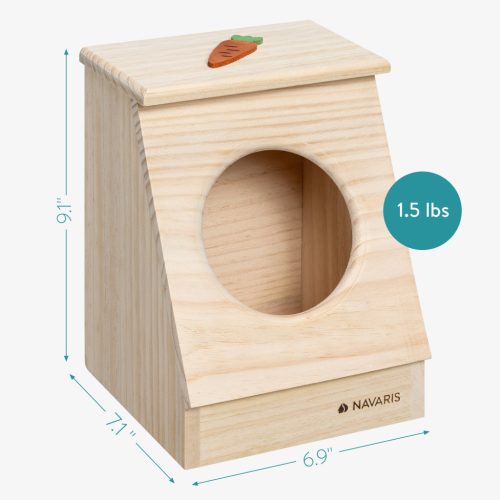 Hranitor fan Navaris din lemn pentru iepuri si rozatoare, 18x17x23 cm, cu capac, 55332.1