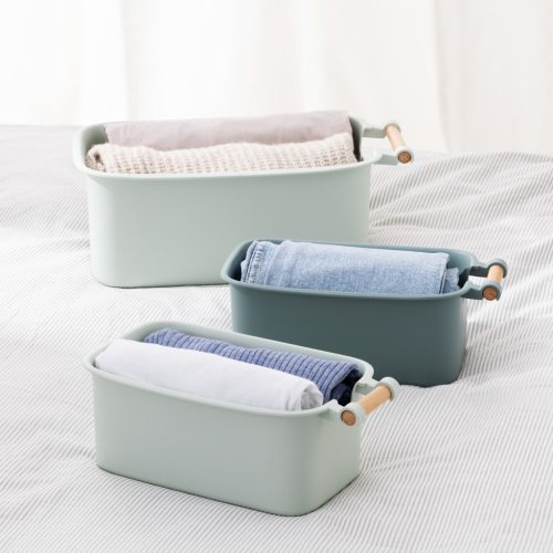 Set 4 cutii depozitare Navaris cu maner din lemn, 37, 8x21, 4x14 cm si 28, 5x16x10, 5 cm, maro, lemn