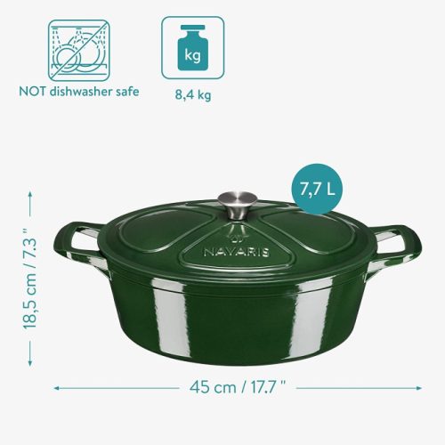 Oala antiaderenta din fonta Navaris pentru plite/cuptoare - 45cm - 7.7L - Verde, 52477.01.80
