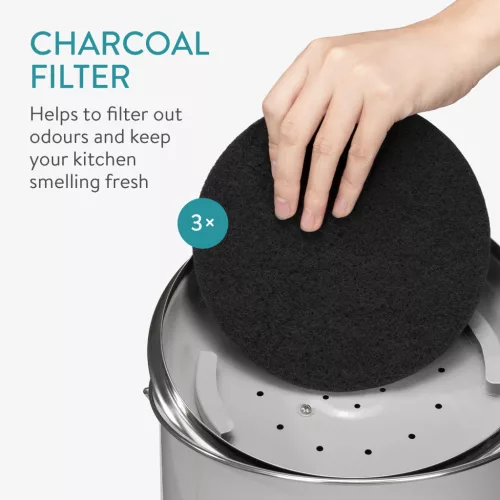 Cos De Compost Metalic, Gri, 3L + 3x Filtru, Navaris, 49642.1.22