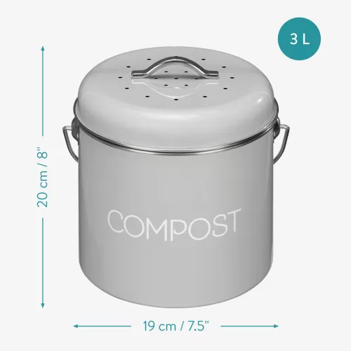 Cos De Compost Metalic, Gri, 3L + 3x Filtru, Navaris, 49642.1.22