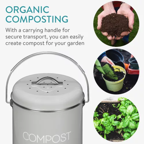 Cos De Compost Metalic, Gri, 3L + 3x Filtru, Navaris, 49642.1.22