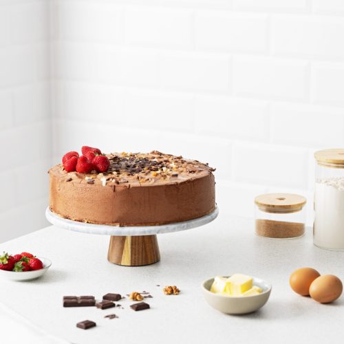 Suport tort rotativ Navaris, 30 cm, baza lemn acacia, decorare si servire, marmura/lemn, alb, lemn