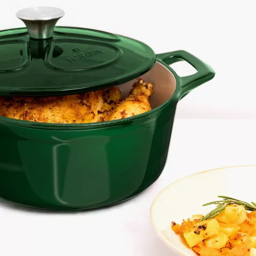 Oala fonta Navaris, 20 cm, emailata, verde, 2.5L, cu capac, pentru cuptor si plita, 58000.01.80