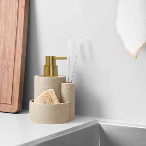Dispenser sapun cu suport burete Navaris, 11.5x10x16 cm, chiuveta, bej, burete/ABS/plastic