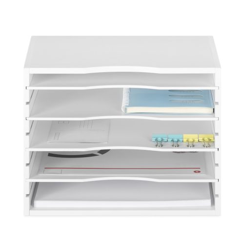 Organizator documente Navaris, 33x24.5x26 cm, rafturi reglabile, birou, alb, MDF/bambus