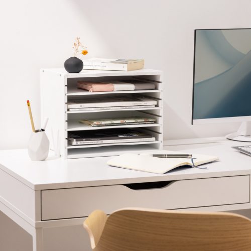 Organizator documente Navaris, 33x24.5x26 cm, rafturi reglabile, birou, alb, MDF/bambus