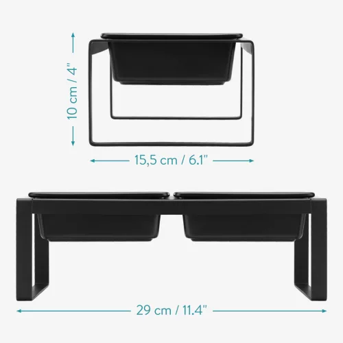 Suport hranire pentru pisici si caini mici Navaris, cu 2 boluri ceramice, suport metalic inaltat, 2x250 ml, antiderapant, design modern, Negru