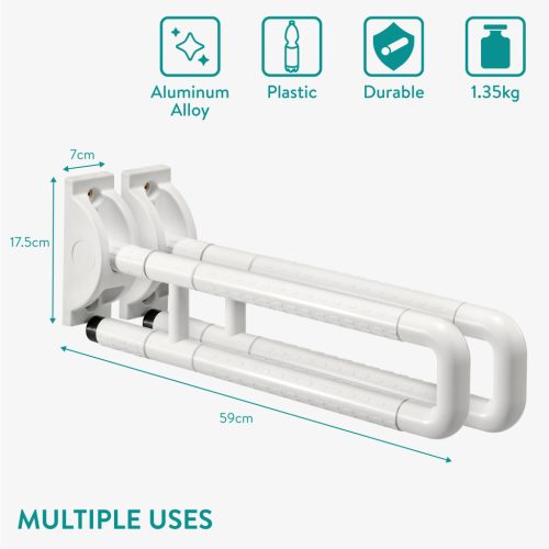 Set 2 bare sprijin toaleta Navaris, montaj pe perete, 59 cm, aderenta antialunecare, alb, plastic