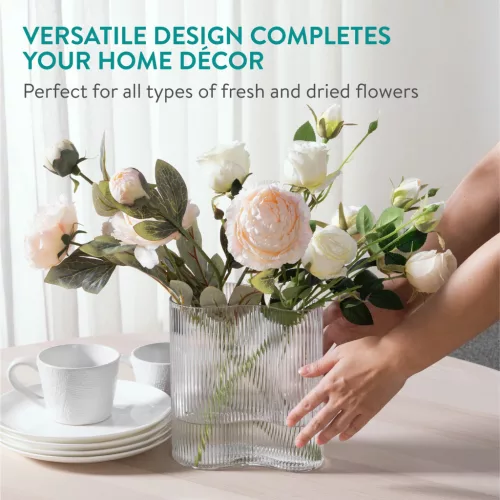 Vaza din sticla Navaris Ribbed, forma ondulata, 18.5x12x20 cm, transparent, sticla