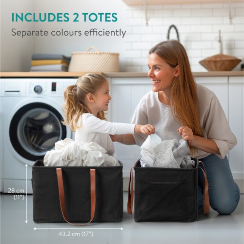 Set 2 cosuri rufe pliabile Navaris, 37 L, manere laterale si snur, 43x31x28 cm, negru, textil