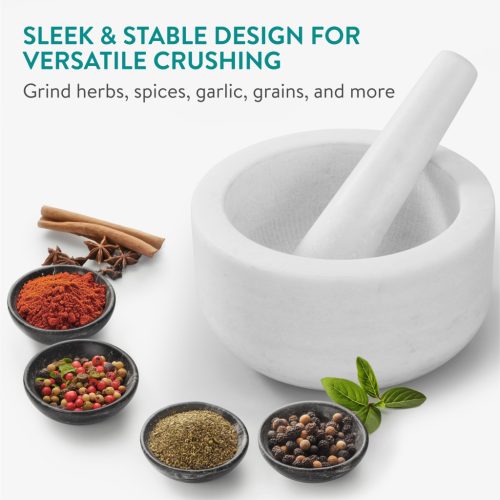 Set mojar si pistil Navaris, 18 cm, marmura alba, baza antiderapanta, 4 cup, alb, piatra naturala