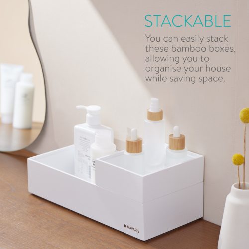 Set 2 cutii depozitare Navaris, 30x15x7 cm si 15x11, 5x5 cm, alb, bambus