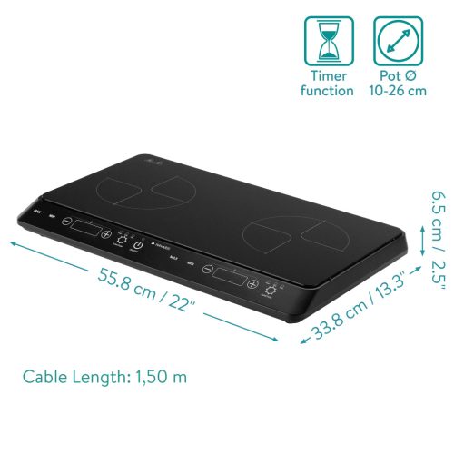 Plita inductie dubla Navaris, 3500W, 2 zone gatit, control tactil, 60582.02, negru, plastic/sticla