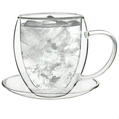 Cana termica XXL Creano, 400 ml, sticla borosilicata, perete dublu, cu farfurioara