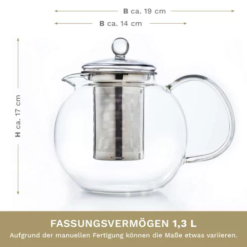 Ceainic din sticla Creano All-in-One, 1,3 L, cu infuzor din inox si capac, anti-picurare