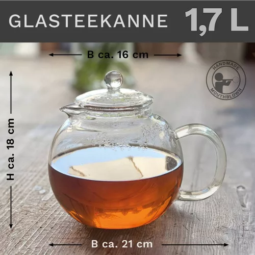 Ceainic din sticla Creano All-in-One, 1,7 L, cu infuzor din inox si capac, anti-picurare