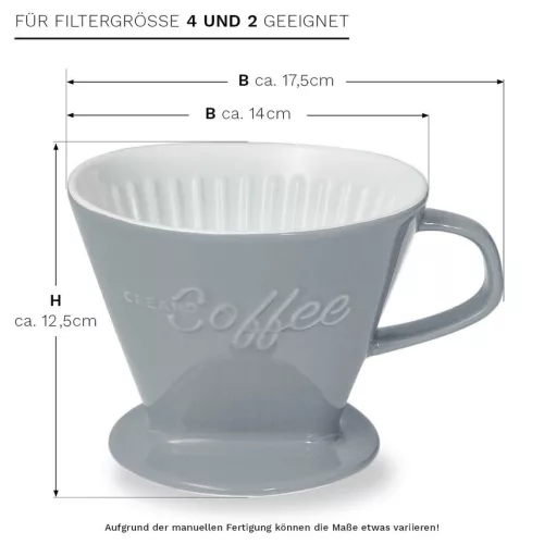 Filtru cafea Creano din portelan, marimea 4, pentru filtre 1x4, baza stabila, gri piatra