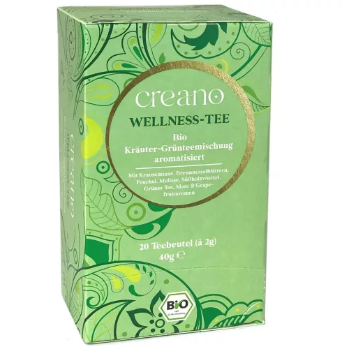 Ceai bio Creano Wellness Tea, ceai verde cu plante, aroma grapefruit, set 20 plicuri