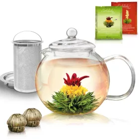   Ceainic din sticla Creano, 1,3 L, cu infuzor din inox, capac si 2 flori de ceai