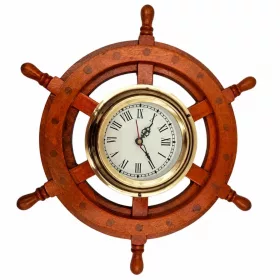   Timonă decorativa Giftdeco WC65, alamă și lemn, diametru 13,5 cm, stil retro, nautic