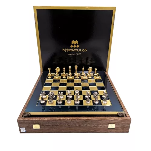 Set sah Manopoulos S34, alamă, metal și lemn, înălțime 6,5 cm