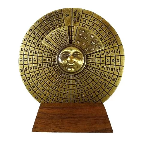 Calendar perpetuu Hemisferium H27, alamă și lemn, diametru 9 cm, stil renaștere