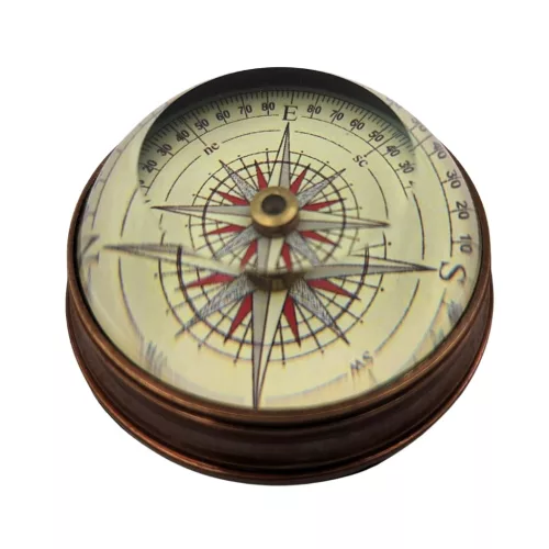 Busolă lenticulară Giftdeco NC2119, alamă și sticlă, diametru 6,3 cm, înălțime 3 cm