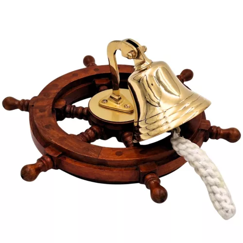 Timonă decorativa Giftdeco NC2356A, alamă și lemn, diametru 10 cm, stil nautic