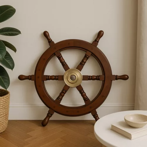 Timonă decorativa Giftdeco NC1402A, alamă și lemn, diametru 45 cm, stil retro, nautic