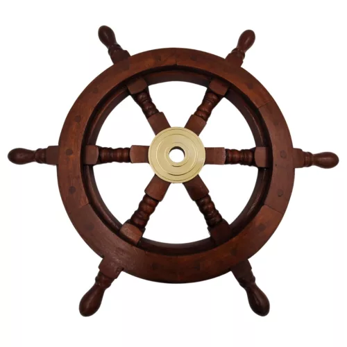 Timonă decorativa Giftdeco NC1402A, alamă și lemn, diametru 45 cm, stil retro, nautic